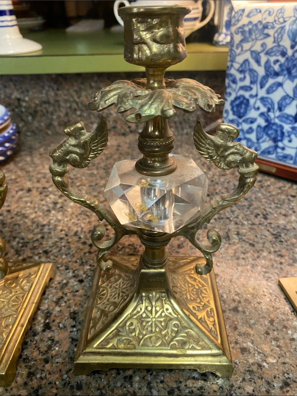 Vintage Brass & Faceted Crystal Candlestick Holders Pair